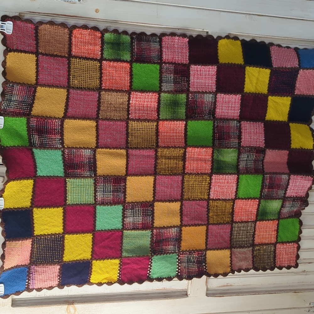 Handmade, vintage lap blanket/ throw. Woven patchwork squares.